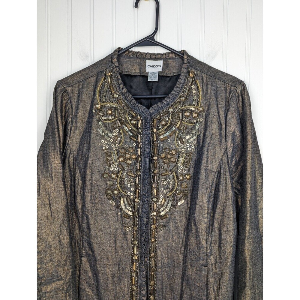 Chico’s Golden Trinket Royalty Jacket Indigo Denim Bronze Foil Size 2 Large - Picture 2 of 10